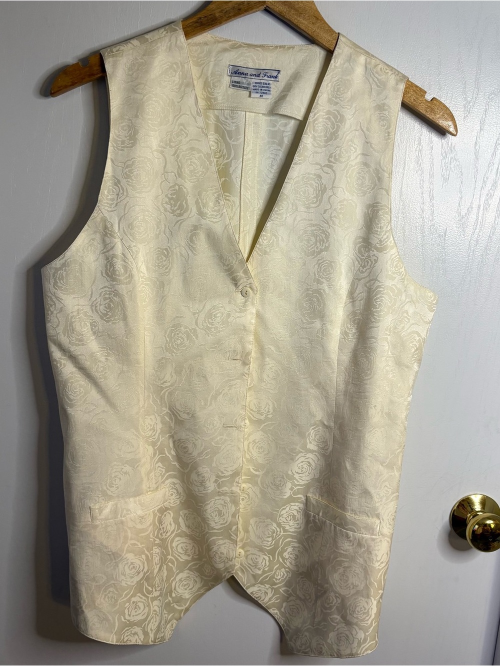 Vintage Anna & Frank Sz M Ivory Floral Brocade Silk V-Neck Vest Button Boho